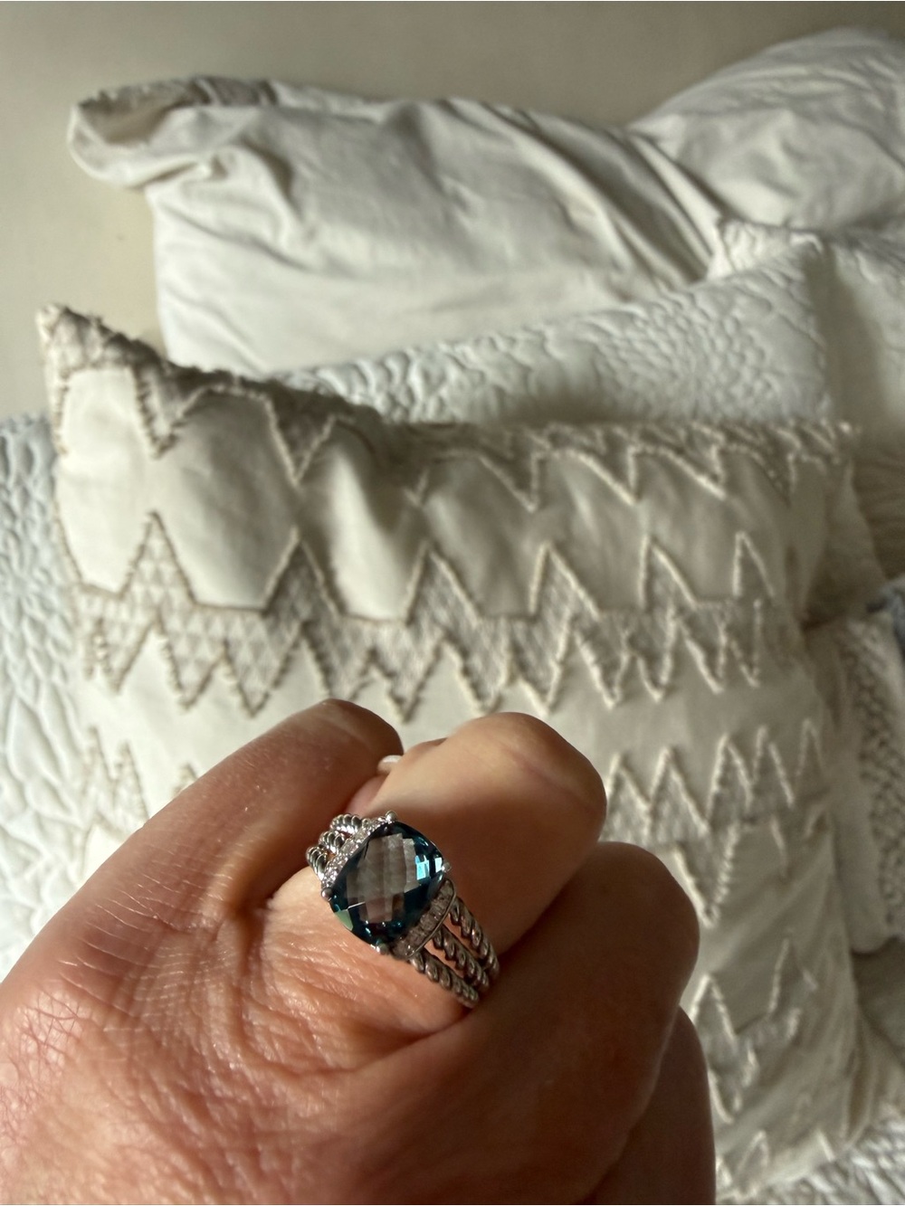 David Yurman Silver Ring with Blue Topaz Faceted Stone, size 8. Authentic.